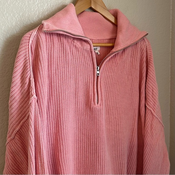 Aerie Women’s Beyond Quarter Zip Oversized 100% Cotton Pink Sweater, Size Small - Picture 2 of 11
